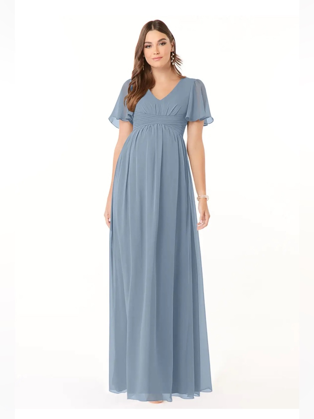 Azazie Blue V-Neck Flutter Sleeve Empire Waist Maxi Dress